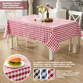Newbridge 60 x 84 Inch Rectangle Vinyl Tablecloth with Flannel Backing, Bistro Tavern Check, Café Checkered Indoor Outdoor Vinyl Table Cover for Picnic, Barbecue and Patio Dining, Red