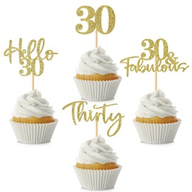 48 piezas de adornos para cupcakes de 30 cumpleaños, con purpurina Hello 30 para cupcakes, 30 fabulosos treinta púas de cupcakes para feliz cumpleaños 30, boda, aniversario, fiesta, decoración de pasteles, color dorado