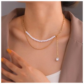 Erimberate Bohemian Teardrop Pearl Tassel Necklace Choker Layered Pearl Bead Necklace Vintage Pearl Choker Necklace Gold Wedding Pearl Necklace Jewelry for Women and Girls