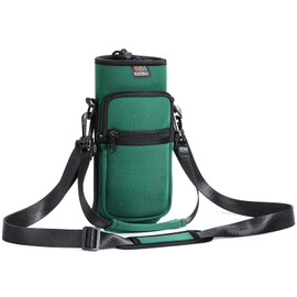 Nuovoware Water Bottle Carrier Bag, 25oz/32oz Bottle Pouch Holder, Adjustable Shoulder Hand Strap 2 Pocket Sling Neoprene Sleeve Sports Water Bottle Bag for Men Women Hiking Travel, Dark Green