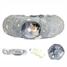 Claujen Cat Tunnel Bed with Peekaboo Cave and Spiral Toy - Interactive Cat Toy for Indoor Fun, Portable Donut Design with Storage Handbag - Ideal for Cats, Ferrets, Rabbits, and Small Pets.