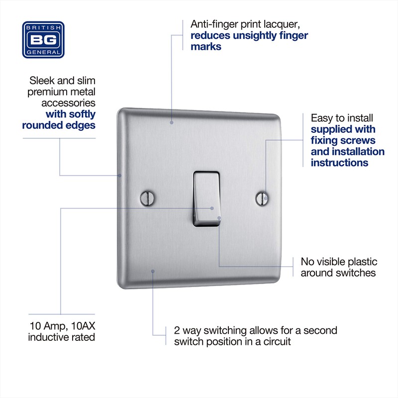 BG Electrical NBS12-01 Single Light Switch, Brushed Steel, 2-Way, 16AX