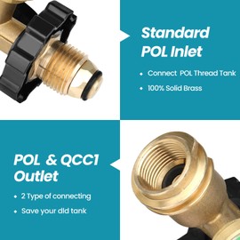Aekops 100 lb Propane Tank Adapter, Propane Gauge for 100 lb Propane Tank, Universal Fit Pol to Qcc1 Propane Tank Adapter Converts Pol to Qcc1 / Type 1 - Old to New Connection Type, Solid Brass (3PC)