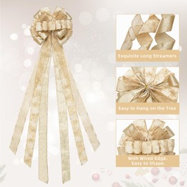 Choies Christmas Tree Topper Bow, 53x13 Inches Large Christmas Bow with Glitter Streamer and Patterned Ribbon,Bows Topper for Xmas Tree Wreath Door Christmas Home Decoration Champagne