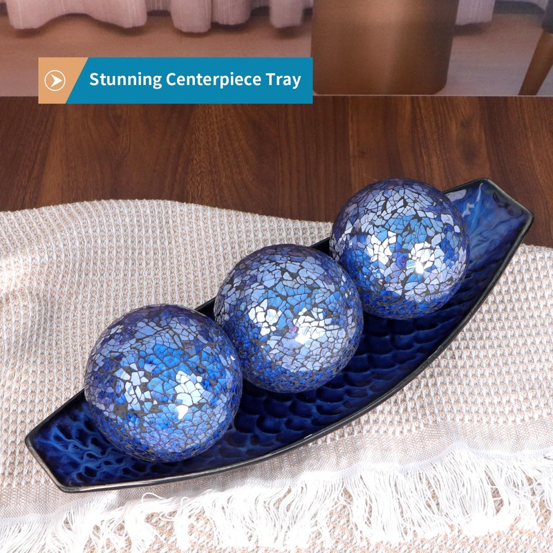 Sanbege 16" Large Ceramic Decorative Tray, Long Boat Shaped Centerpiece