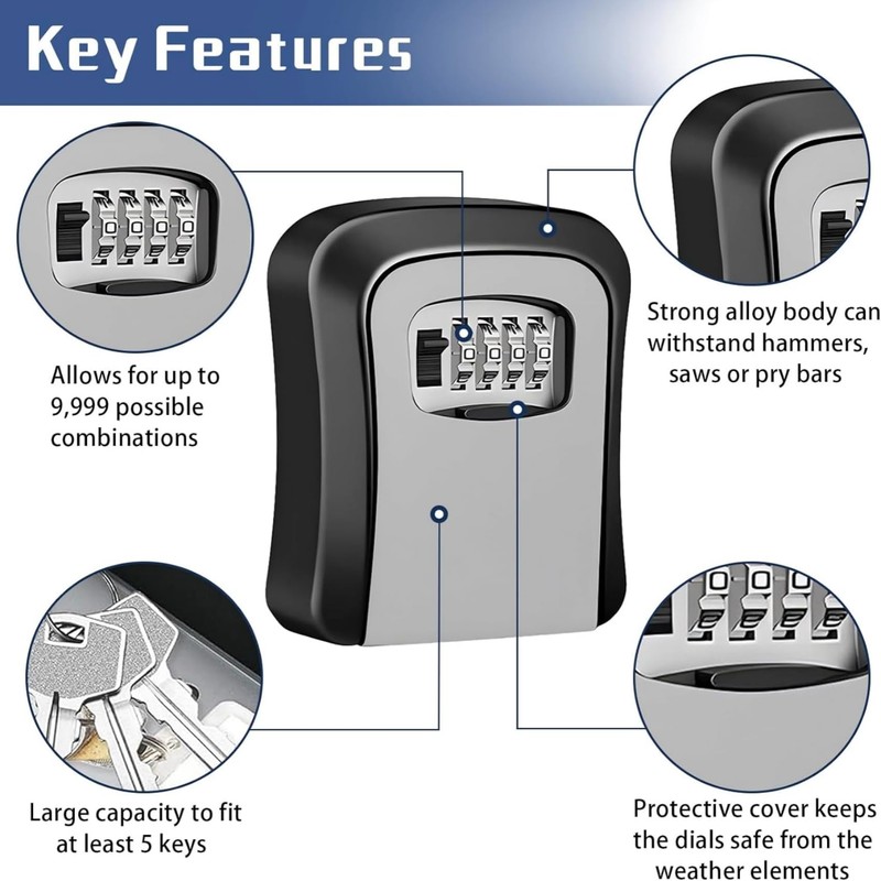 Wall-Mounted Key Storage Box, 4-Digit Combination Lock, Weatherproof Security Safe