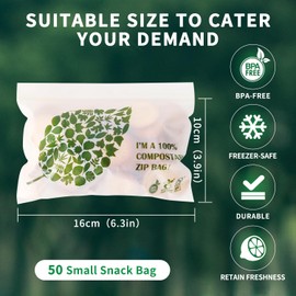 WRAPOK 100% Compostable Snack Bags Small Biodegradable Freezer Sandwich Storage Bag for Cookies Biscuits, 50 Count - 6.3 x 3.9 Inch