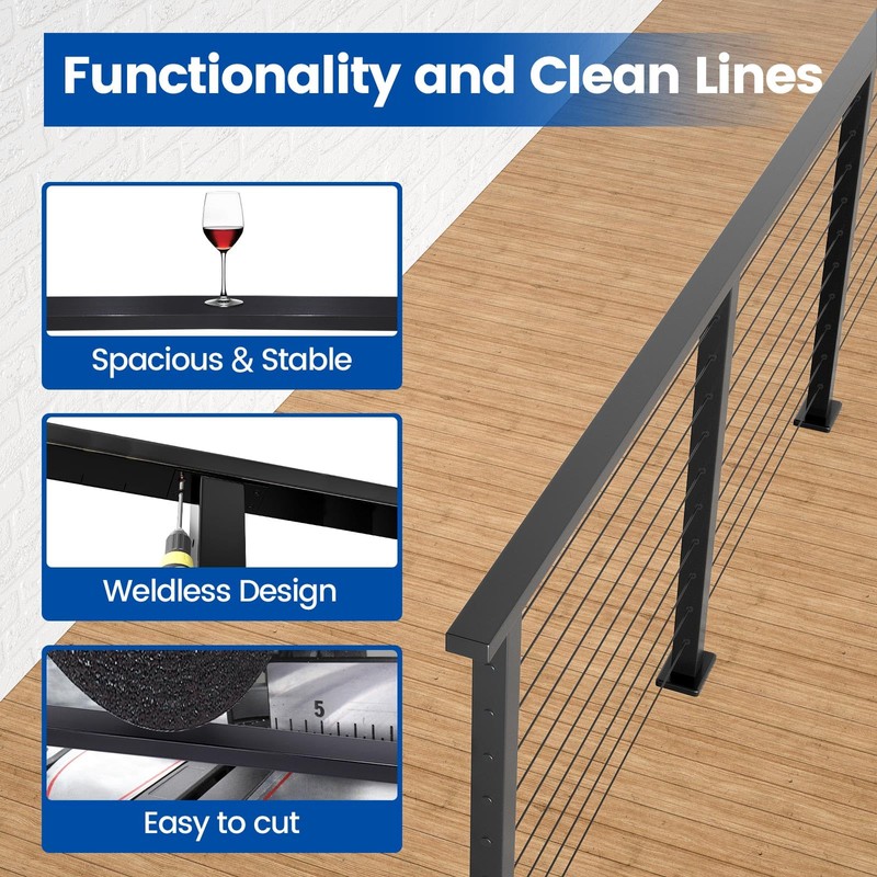 Muzata 6'6" Black Cable Railing Handrail Rectangular Stainless Steel Handrail