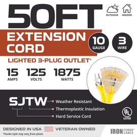 50 Foot Lighted Outdoor Extension Cord with 3 Electrical Power Outlets - 10/3 SJTW Yellow 10 Gauge Extension Cable with 3 Prong Grounded Plug for Safety
