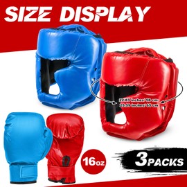 Kanayu 3 Pieces Boxing Headgear and 3 Pairs Boxing Gloves Set Shockproof Leather Boxing Helmet Safety Head Guard Punching Bag Gloves for Men Women Youth Beginners (Black, Blue, Red,Adult)