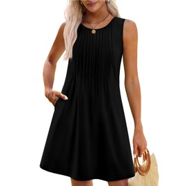 OFEEFAN Summer Dresses for Women 2025 Casual Spring Fashion Beach Vacation Clothes Pleated Loose Sleeveless Sundress Easter Dresses Black L