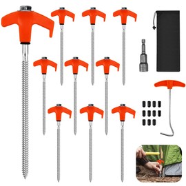KITERI 10 Pcs Screw In Tent Pegs, 8 Inch Tent Pegs Hard Ground Awning Pegs Heavy Duty Camping Pegs With Tent Peg Extractor Hexagon Socket and Storage Bag for Hard Ground Camping Tarpaulin