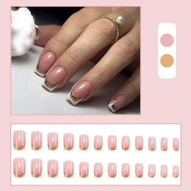 Square Press on Nails Medium Fake Nails White French Tip False Nails with Gold Stripes Design Glue on Nails Glossy Full Cover Stick on Nails Artificial Acrylic Nails for Women Manicure 24Pcs