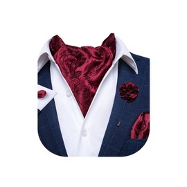 DiBanGu Wine Red Ascot Ties for Men Silk Paisley Cravat with Pocket Square Cufflinks Floral Laple Pin Set