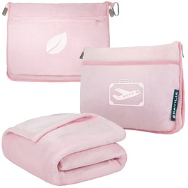 PAVILIA Travel Blanket Pillow in Soft Bag with Pockets, Airplane Blanket Set, Plane Blanket Compact Packable, Flight Essentials Car Pillow, Travelers Accessories Gifts, Luggage Strap, Light Pink