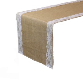 Your Chair Covers - 14 X 108 Inch Natural Jute Burlap Table Runner with White Lace Edges for Rustic Wedding Events