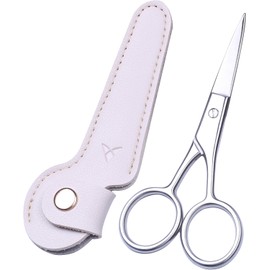 Tijeras profesionales para cejas pequeñas para mujeres, tijeras de pestañas cosméticas de belleza facial con funda de piel rosa (punta puntiaguda)