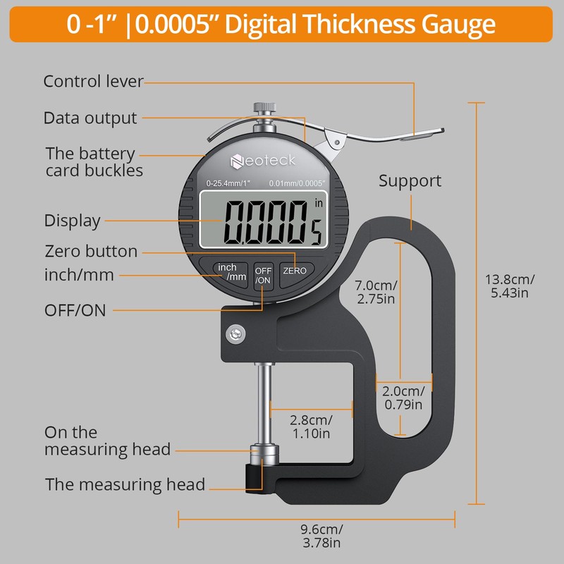 Neoteck Digital Thickness Gauge 1inch/25.4mm,0.0005inch/0.01mm LCD Display with Inch/MM Conversion