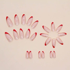 RikView French Tip Press on Almond Acrylic Red Glossy Full Cover 24 PCs
