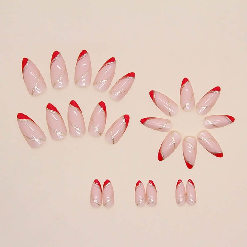 RikView French Tip Press on Almond Acrylic Red Glossy Full