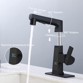 LED Bathroom Faucet with Pull Out Sprayer, Rzoeox Black Temperature Digital Display Bathroom Sink Faucet 2 Spray Modes Brass Body RV Faucet Single Handle 1 or 3 Hose with Deck Plate