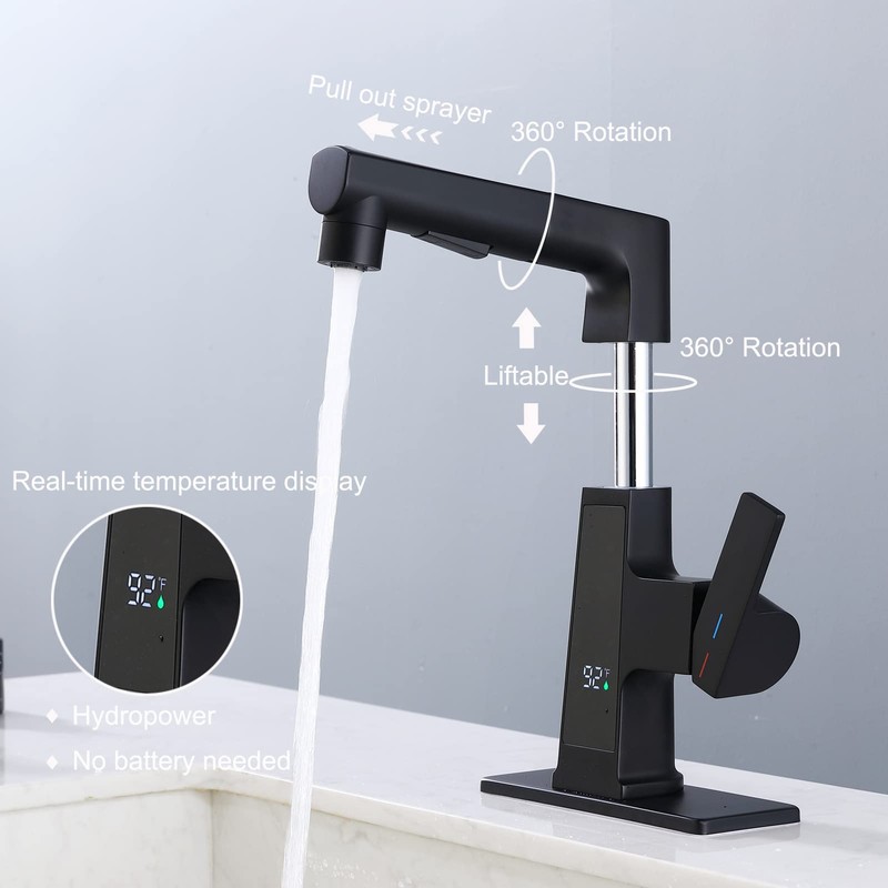 LED Bathroom Faucet with Pull Out Sprayer, Rzoeox Black Temperature