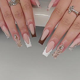 White French Tips Press on Nails Long Square Fake Nails with 5D Rhinestones Design Gold Curve False Nails Glossy Silver White Marble Stick on Nails Glitter French Tips Nails for Women Manicure 24Pcs