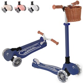 MomnLittle Kick Scooter with Basket for Kids Ages 3-10 (Navy) 3 Wheeled with LED Light-Up Wheels CPSC Certified Foldable and 4 Height Adjustable Toddler Scooters for Boys Girls