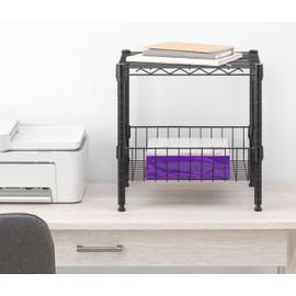 Whitmor 2-Tier Supreme Stacking Shelf with Basket, Heavy-Duty, Adjustable Home Organizer, Black