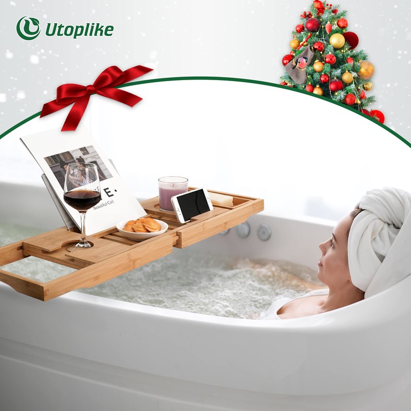 Utoplike Bamboo Bathtub Caddy Tray Bath Tray for Tub, Adjustable