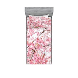 Lunarable Japanese Fitted Sheet & Pillow Sham Set, Sakura Tree Cherry Blossom Japanese Nature Inspired Modern Floral Country Design, Decorative Printed 2 Piece Bedding Decor Set, Twin, Pink