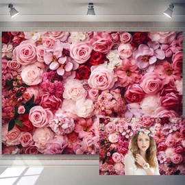 10x7ft Pink Rose Backdrop Romantic Pink Red Flowers Valentine's Day Photography Background Girls Birthday Party Wedding Bridal Shower Decoration Supplies Mother's Day Photo Booth Banner Props