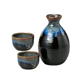 Japanese Mino Ware Ceramic Tokkuri Sake Bottle and 2 Ochoko Guinomi Sake Cups Set, Blue, Black and Gold pattern M4465658t (Blue, Black and Gold)