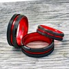 Engraved 6mm/8mm Black Tungsten Wedding Band w/Red Stripe & Red