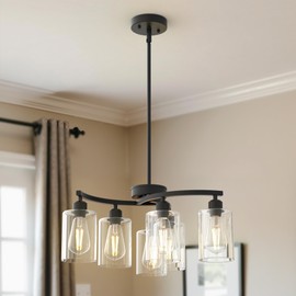 DORESshop 6 Light Farmhouse Black Chandelier, 21.7" Modern Ceiling Light for Dining Room Light Fixtures Over Table, Pendant Lights Kitchen Island, Metal Bracket with Downward Clear Glass Shade