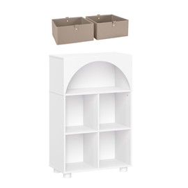 RiverRidge Arched Entryway Shoe Storage Cabinet with 4 Cubbies & Shelves - White Hallway Organizer with Curved Design Home Organization Unit and 2 5" Taupe Cubby Storage Bins