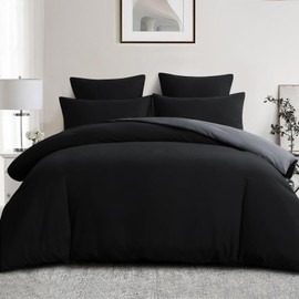 Aisbo Double Size Duvet Cover Set - 3Pcs Reversible Bedding Bed Set Black and Grey Double Soft Brushed Microfiber Quilt Cover with 2 Pillowcases 50x75cm