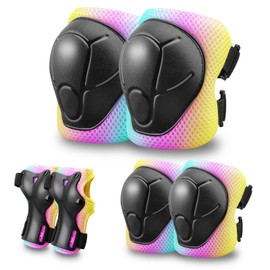 Kids Protective Gear Set Knee Pads for Kids 3-14 Years Toddler Knee and Elbow Pads with Wrist Guards 3 in 1 for Skating Cycling Bike,Biking, Roller Skates, Scooters (Pink Blue Yellow, ‎S(3-8Years))