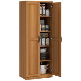 HOMCOM 63" 2-Door Kitchen Pantry, Freestanding Storage Cabinet with 5-Tier Shelving and 2 Adjustable Shelves for Dining Room, Cinnamon Cherry Wood Grain