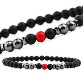 EUMENIDES Magnetic Anklet, 9.5 Inches, 6 mm, 2 Packs, Black Frosted Stone Anklet, Eliminate Static Electricity, Improves Sleep (Red Stone + Magnetic Anklet)