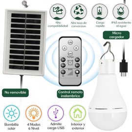 Bombilla Solar Recargable Portátil 3600 mAh, Resistente al Agua IP65, Lampara Recargable Camping con Panel Solar Policristalino y Control Remoto, para Interiores, Acampar, Cobertizo y Gallinero