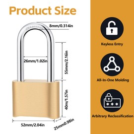 Lock with Combination Code, Combination Lock, 4 Digit Heavy Padlock with Combination Code, Gold Suitcase Lock with Long Shackle, Weatherproof Security Lock for Door, Suitcase, Locker