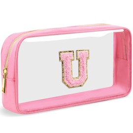 LOFOWN Initial Clear Makeup Bag Small Cosmetic Bag Travel Toiletry Bag Clear Zipper Pouch Purse Organizer Bags for Women, PINK-M, U, Initial Makeup Bag