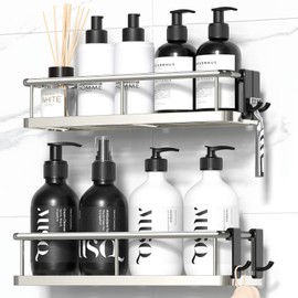 YASONIC Shower Caddy Adhesive, No Drill Bathroom Shower Organizers, with Removable Hooks, Rust Proof Shower Shelves, Wall-Mounted Shower Holder, 2 Pack Silver