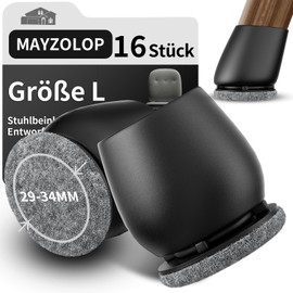 MAYZOLOP Pack of 16 Chair Leg Caps, Diameter 29-34 mm, Slanted Chair Legs with Grey Felt, Hardwood Floor, Black Chair Leg Protectors, Round, No Noise, No Scratches