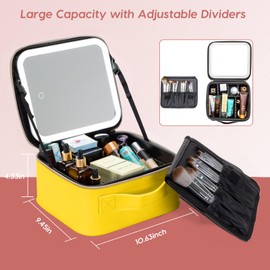 Gdsshuhung Makeup Bag with Mirror | Partitionable Professional Makeup Organizer | Large Travel Makeup Bag for Women | Cosmetic Case for Daily & On-the-Go Use (Light Yellow)