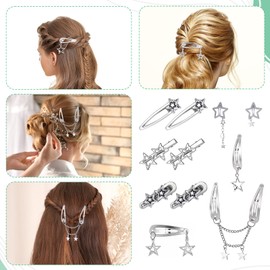 10 Pcs Silver Star Hair Clips, Silver Hair Accessories, 8 Shapes Pentagram Hairs Snap Clips, Metal Kawaii Barrettes for Women Girls