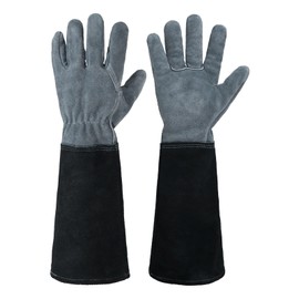 HANDLANDY Long Gardening Gloves for Men & Women, Cowhide Leather Rose Pruning Gloves, Breathable Thorn Proof Gauntlet Glove (Dark Grey-Black, XL)