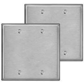 [2 Pack] BESTTEN 2-Gang Blank Metal Wall Plate with Ｗhite or Clear Plastic Film, No Device Corrosion-Resistant Stainless Steel Outlet Cover, Standard Size, H4.53” x W4.57”, Brushed Finish