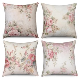 ASDCXZ Pillow Cover Retro Flowers 40x40 cm 4er Set, Retro Rose Flower Leaves Sofa Cushion Decorative Cushion Covers Washable Polyester Flax Textile Outdoor Cushion Pillow Cover Cushion Cover